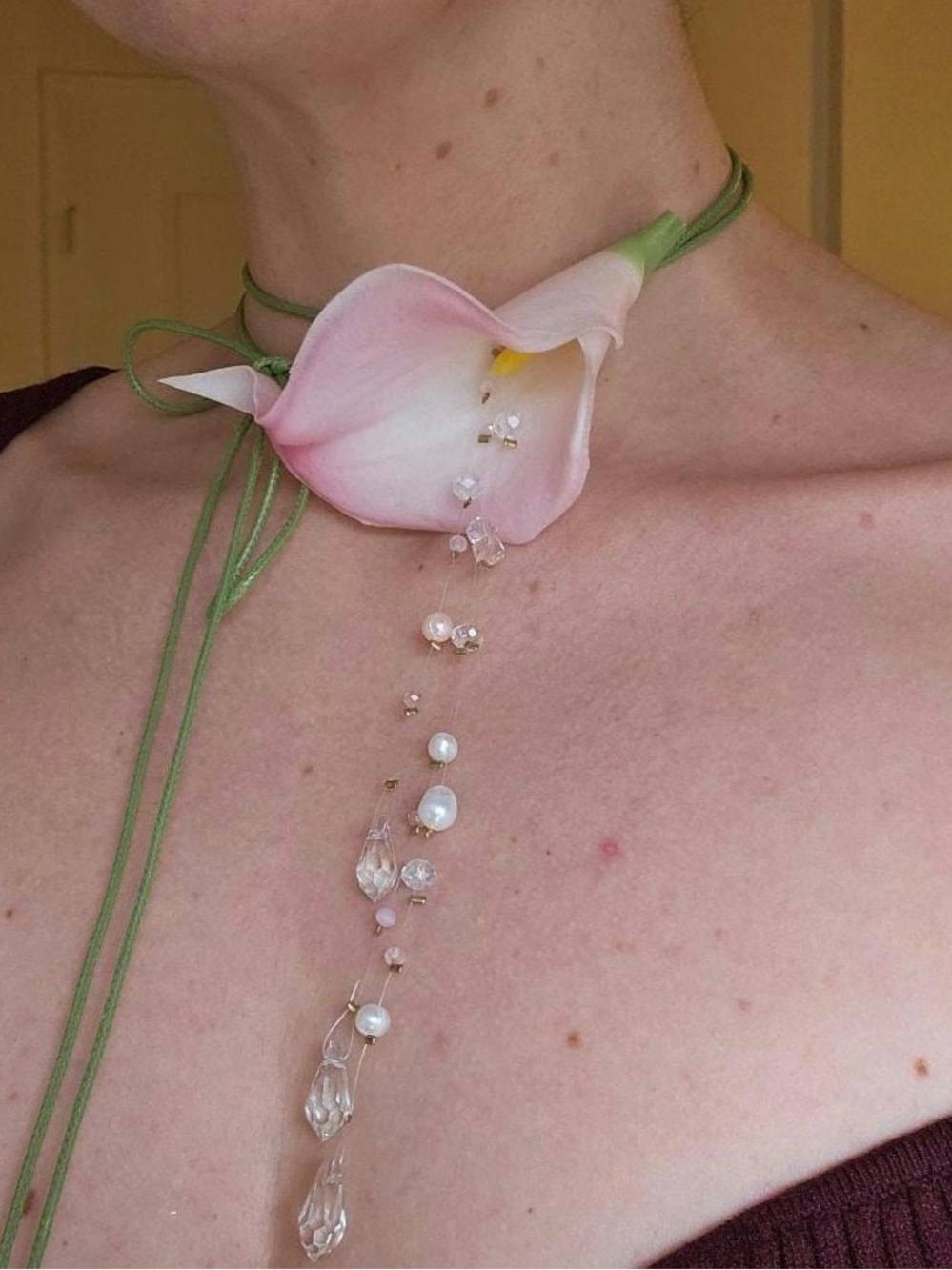 Pink Calla Lily Choker Necklace with Crystal and Pearl Drops